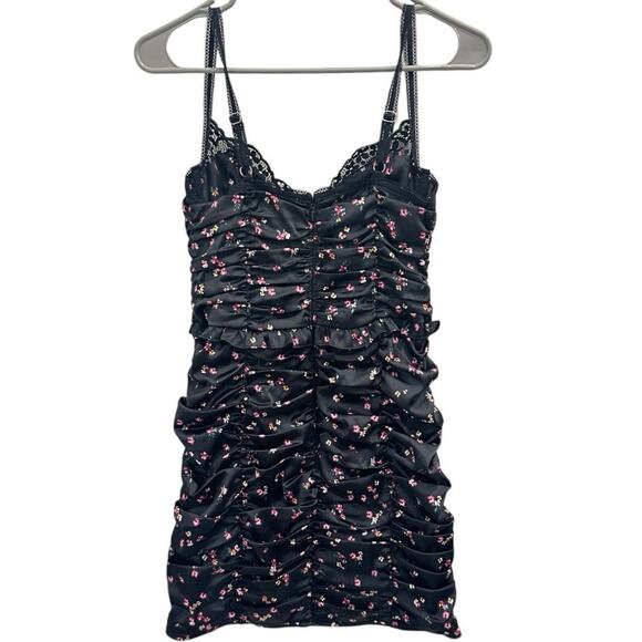 For Love and Lemons Pansy Floral Black Satin Lace Mini Dress Ruched Bodycon Club - Picture 3 of 11